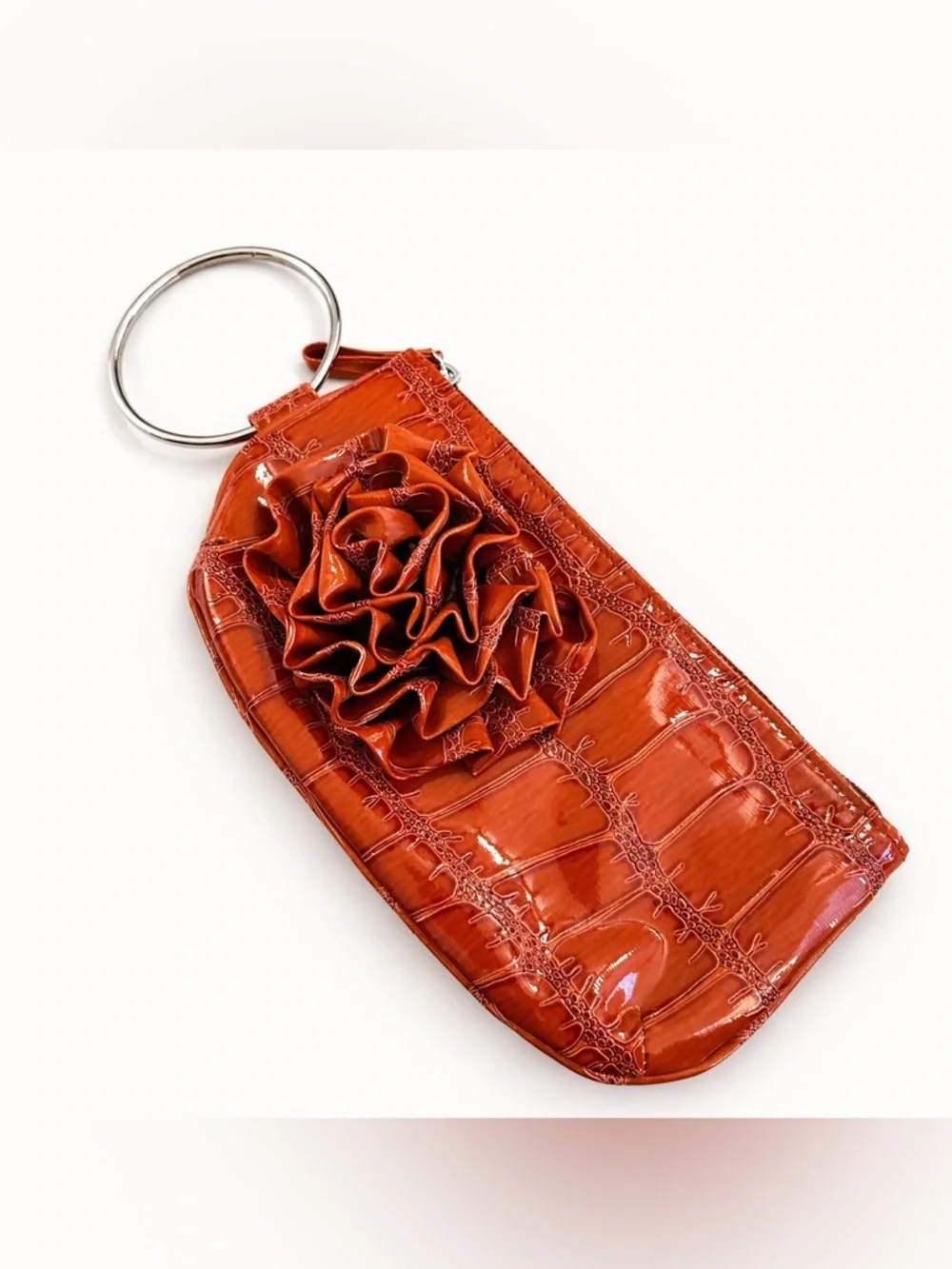 CHATEAU Vintage Y2K Wristlet Orange Croc-Embossed Ring Handle Flower Accent